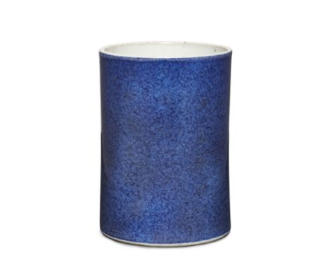 A Chinese powder blue glazed brush potQing dynasty, Kangxi periodOf cylindrical form, covered evenly to the exterior with an 