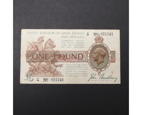 A 1917 third issue Bradbury one pound note F28 821741, signed John Bradbury. *CR Light folds and creases.