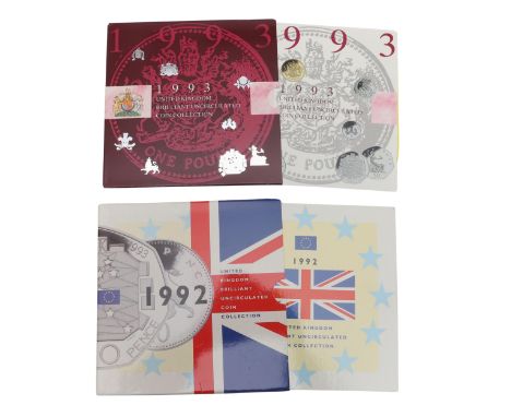 Royal Mint uncirculated year set for 1992, eight coin set with additional E.C. Presidency 50p. And a 1993 eight coin set incl