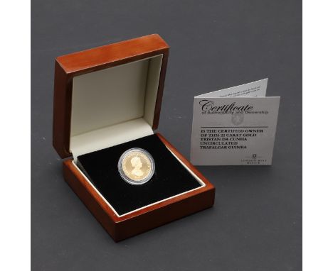A Tristan Da Cunha Uncirculated 'Trafalgar Guinea', obverse crown portrait r. above date 2008, reverse Admiral Lord Nelson wi
