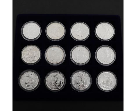 A collection of twelve Elizabeth II £2.00 silver Britannia issues, crowned bust r. Reverse with various depictions of Britann