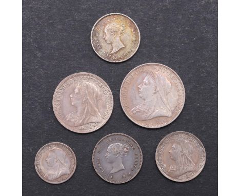 A set of Maundy coins, old veiled bust l. reverse with value beneath crown and 1899. 4d, 3d, 2d and 1d. Also Maundy 2d for 18