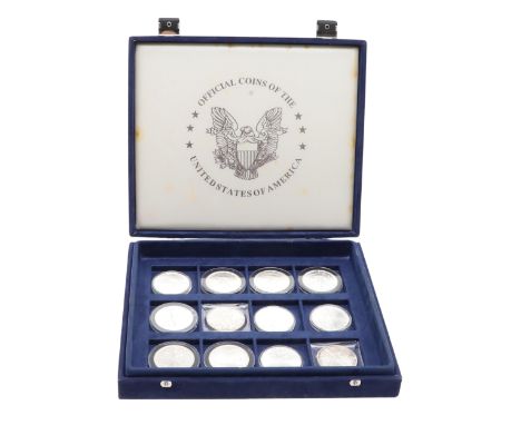 A collection of US silver 'Liberty' Dollars: 1988, 1989, 1991, 1992, 1993, 1994, 1995, 1996, 1997, 1998, 1999, 2000. 12 coins