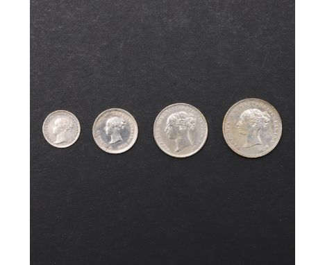 A set of Queen Victoria Maundy coins: Fourpence, threepence, twopence and penny. All young head l. Reverse with value beneath