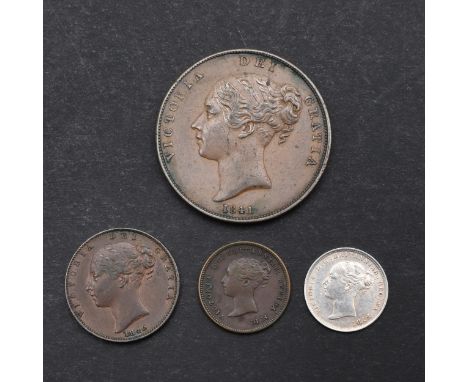 Queen Victoria, Penny, young head l. with date 1841 below, reverse with seated figure of Britannia. Farthing 1840, Half Farth