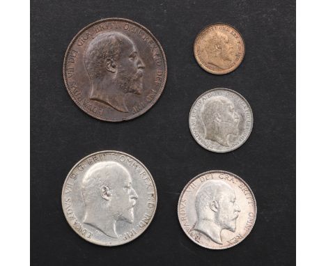 Edward VII Coins: All bare head r., Florin 1902, Shilling 1902, Matt Proof sixpence 1902, Penny 1902 and third farthing 1902.