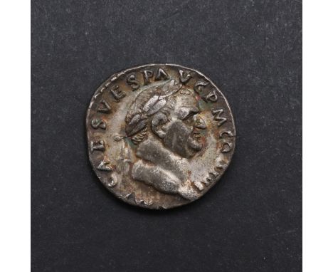 A silver Denarius, laureate bust r. legend IMP CAES VESPA AUG P M COS IIII. Reverse standing figure of Vesta l. holding a sim