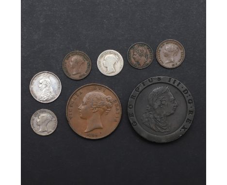A George III Twopence 1797, Soho Mint, laureate and draped bust r. Reverse with seated figure of Britannia. Queen Victoria Pe