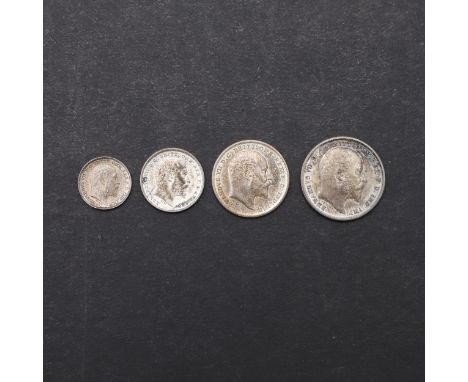 A set of Edward VII Maundy coins: fourpence, threepence, twopence and penny, all bare head r, Reverse with crowned denominati