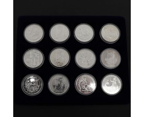 A collection of twelve Elizabeth II £2.00 silver Britannia issues, crowned bust r. Reverse with various depictions of Britann