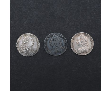 A George II sixpence, old laureate draped bust l. reverse with plain angles, dated 1750 and similar 1757. A George III sixpen