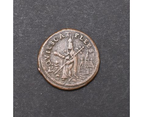 St Patrick's Money, smaller size example, St Patrick with patriarchal cross driving away reptiles with Cathedral to the dista