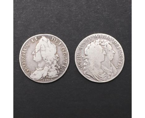 A William and Mary Halfcrown, first busts r. Second reverse with crowned shield and date 1689. Rim Nono. And a similar George