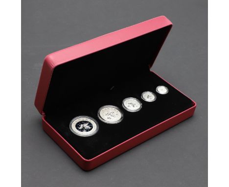 A five coin silver premium set comprising $5, $4, $3, $2 and $1. 1oz - 1/20th oz. Double portrait r. against a frosted ground