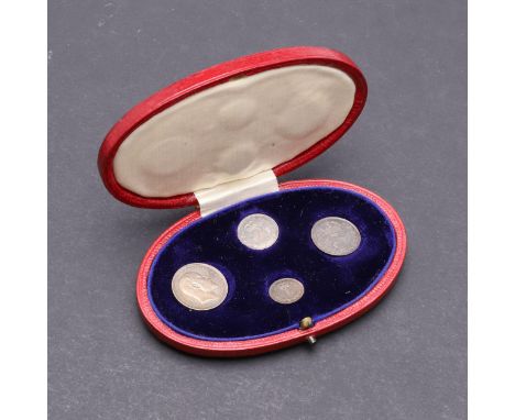 A set of Edward VII Maundy coins: fourpence, threepence, twopence and penny. All bare head r. Reverse with denomination benea