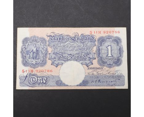 A Series 'A' Britannia blue issue one pound note number S11H 920786, replacement issue, signed by K.O. Peppiatt. *CR A nice e