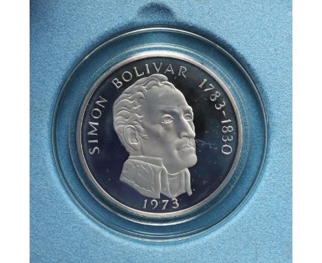 A silver 20 Balboas coin, Republic of Panama, bust r. Simon Bolivar 1783-1830. Dated 1973. Franklin Mint for the Republic of 