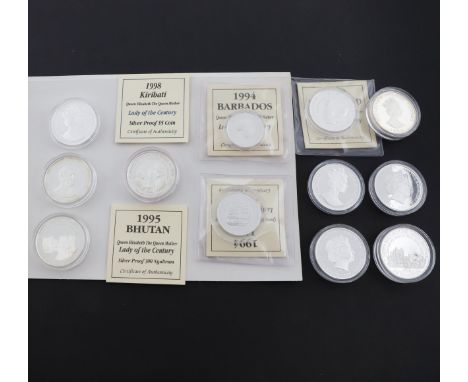 A collection of silver proof coins from the Queen Elizabeth the Queen Mother collection: Fiji 1994 'London Home'. Barbados 19