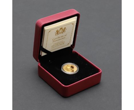 A 2008 Queen Elizabeth II Coronation 1/4oz gold proof coin, crowned portrait r. reverse EIIR Canada beneath a crown. In capsu