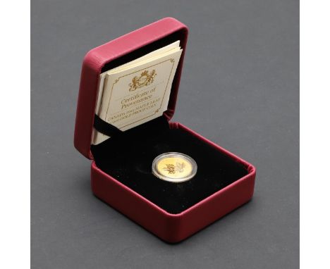 A 2019 Queen Elizabeth II Maple Leaf 1/4oz gold proof coin, crowned portrait r. reverse Maple leaf. In capsule and Canadian M