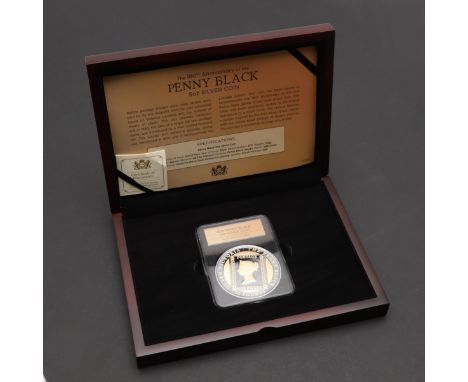 A 180th Anniversary of the Penny Black 5oz silver proof coin, gilt portrait r. against a silver ground, reverse with depictio