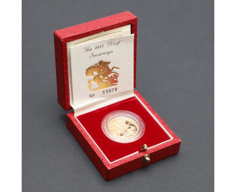 An Elizabeth II Proof Sovereign, bust r. reverse George and the Dragon, dated 1985, in Royal Mint presentation case of issue 