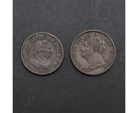 A George III Irish farthing, laureate and draped bust r. Reverse with crowned harp above date 1806. A George IV farthing, lau