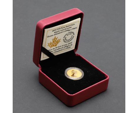 A Canadian gold proof Maple. Bare head r. Reverse with leaves and '10 dollars 2015'. 7.79g In capsule and presentation case w