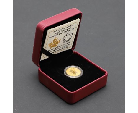 A Canadian gold proof Maple. Bare head r. Reverse with leaves and '10 dollars 2014'. 7.79g In capsule and presentation case w