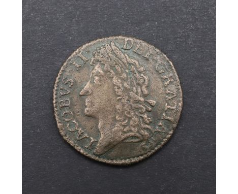 A James II Shilling, laureate head left, reverse with Crown over scepters dividing J R, XII above the Crown. January. *CR A n