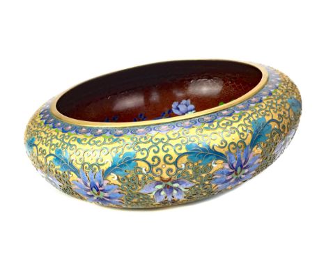 20TH CENTURY CHINESE CLOISONNÉ ENAMEL CIRCULAR BOWL, of large proportions, decorated with flowers to the exterior and interio