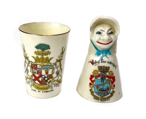 CLIFTON 'VOTES FOR WOMEN' CRESTED TABLE BELL, decorated with North Berwick crest, 10cm high, also a W. H. Goss beaker, decora