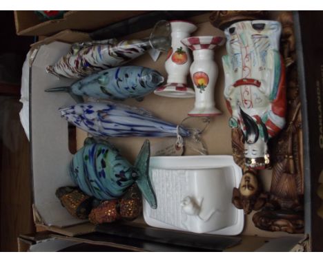 Box of art glass fish and other