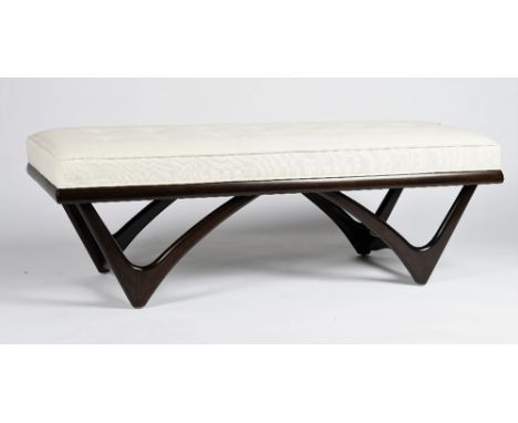 A contemporary rectangular bench, with curved support, button-down upholstered in white linen, 139cm wide x 45cm high. Condit