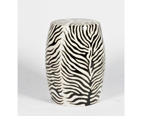 A contemporary ceramic barrel shape garden seat, imitating zebra skin, 31cm wide x 48cm high.