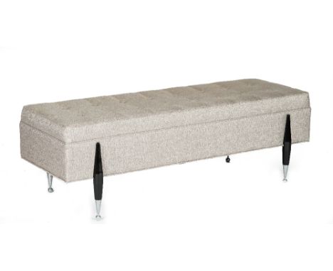 A Ponti bench, the ebonised legs with nickel detail, button-down upholstered in pale grey linen, 138cm wide x 46cm high. Cond