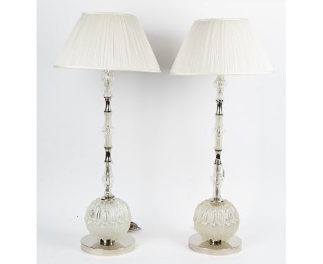 A pair of French moulded glass and nickel table lamps, in Art Deco style, with pleated shades (2).93cm high