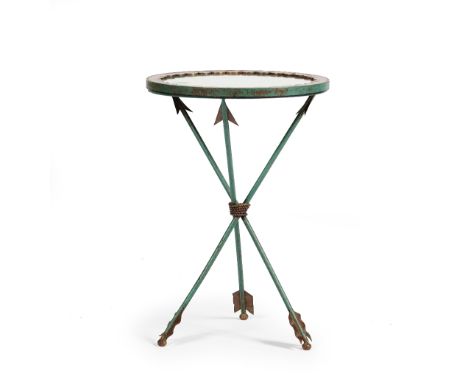 A painted metal frame low table, with circular mirrored top, on rope tied arrow supports, 36cm diameter x 50cm high. Conditio