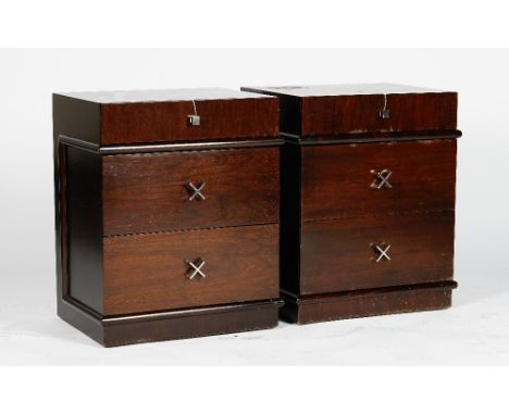 A pair of walnut three drawer bedside chests, in Art Deco style, 51cm wide x 64cm high, (2). Condition Report Old marks and s