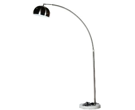 A stainless steel curved floor standing lamp, on a circular white and grey marble base. Approx 220cm high