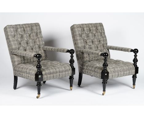 A pair of Nantucket turned ebonised frame armchairs, button down upholstered in check pattern material, 62cm wide x 92cm high