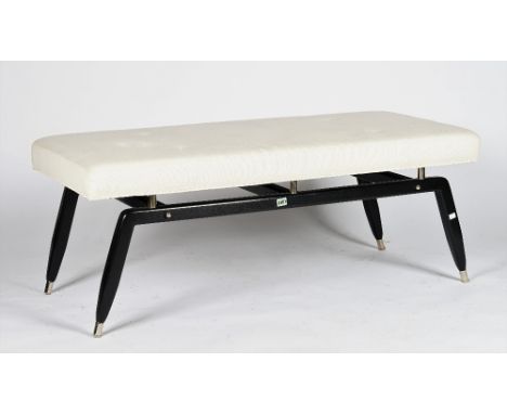 An ebonised bench, with splayed legs and white button-down linen seat, 127cm wide x 49cm high. Condition Report This is in go