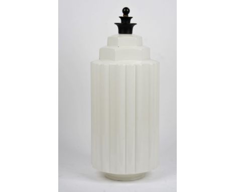A black metal and white opaque glass pendant light fitting in Art Deco style, 60cm high.