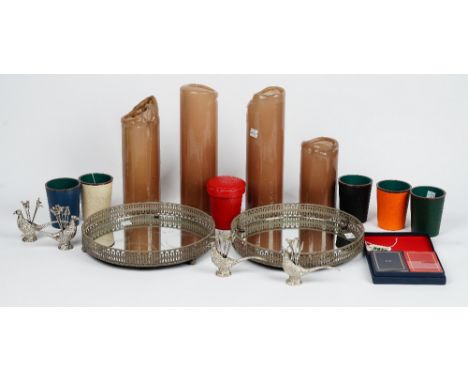 A set of 'The Hand Picked Collection' leather dice shakers and dice, a set of The English Room playing cards, two mirrored tr