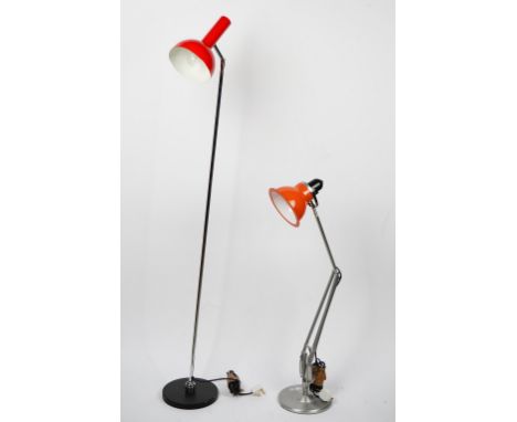 A chromium floor standing lamp, with red shade and, an angle poise desk lamp with brushed finish (2), standing lamp; 148cm hi