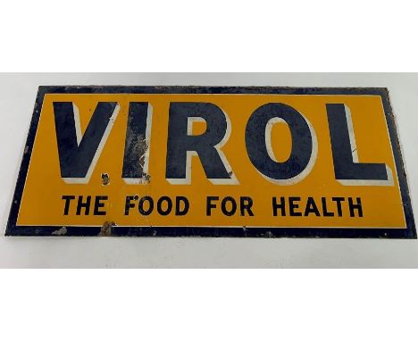 A large rectangular enamel Virol sign, with slogan 'the food for health', orange ground with navy blue text and border, 182.7