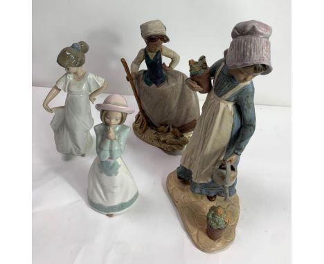 A Lladro gres figure of a girl holding a wooden fork, printed marks to the base, 24.5cm high; together with three Nao figures