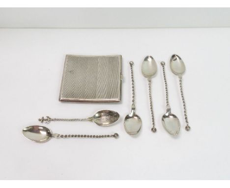 A silver cigarette case, 127 grams gross; with five continental white metal spoons; and a souvenir spoon for S.S. Teutonic, s