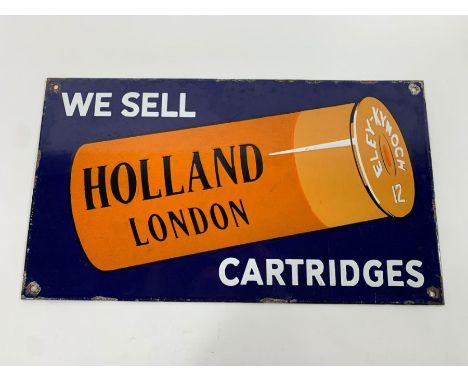 A navy blue rectangular enamel sign with orange cartridge on it, text - we sell Holland London cartridges, 46.5cm x 26.5cm