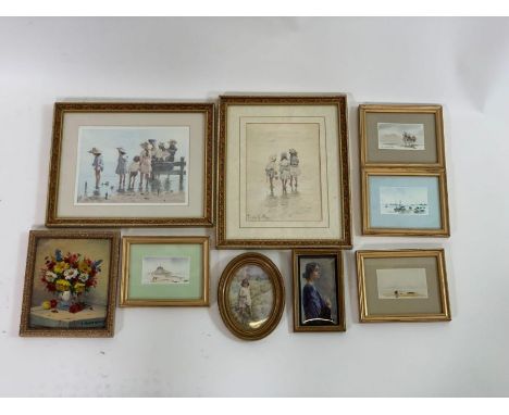 A Kothera flower scene, four prints by K. Lochead, two prints by van Godhem and two watercolour miniatures